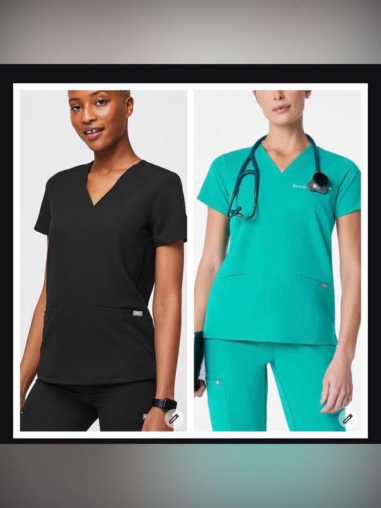 Figs Tops - Figs Women's V-Neck Scrub Top — Black & Teal lagoon XS XXS